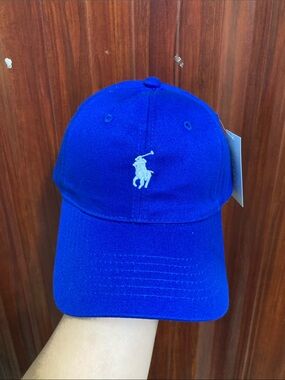 Ralph Lauren Blue Polo Player Baseball Hat with White Logo